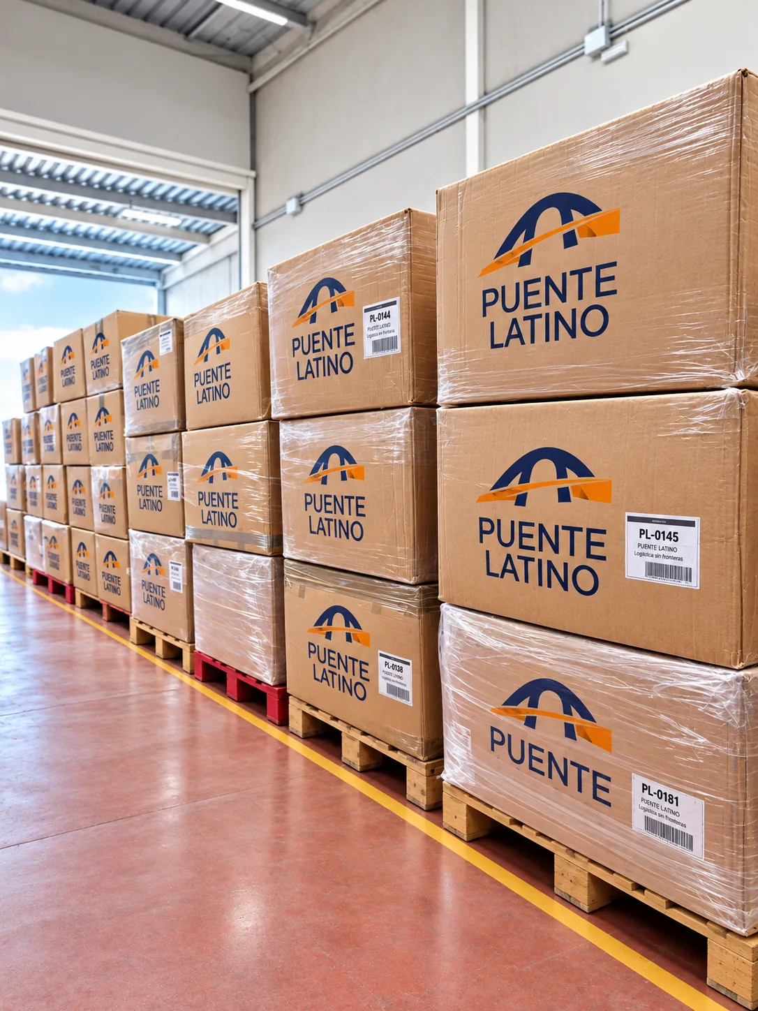 Cajas embaladas con el logotipo de Puente Latino, apiladas sobre palés en un almacén.