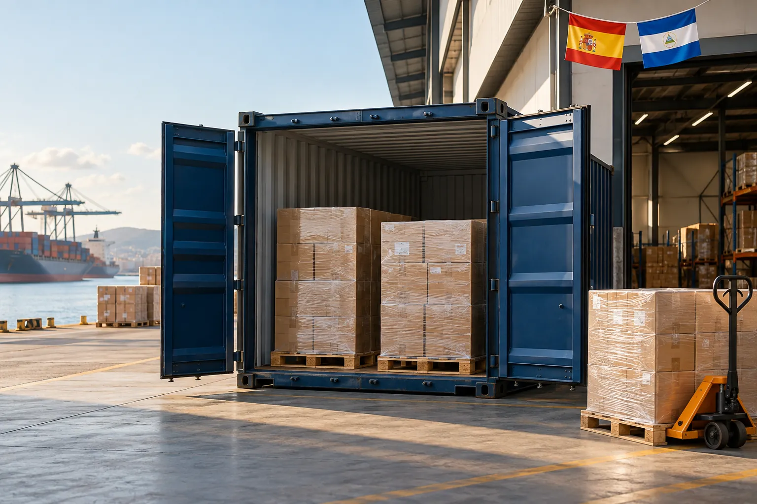 Ilustración de un contenedor marítimo con palets y cajas para carga consolidada entre España y Nicaragua